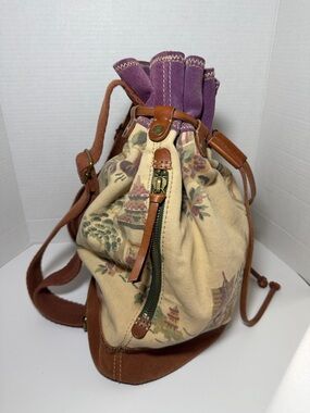 Vintage Lucky Brand Canvas & Suede Drawstring Backpack Asian Floral Print